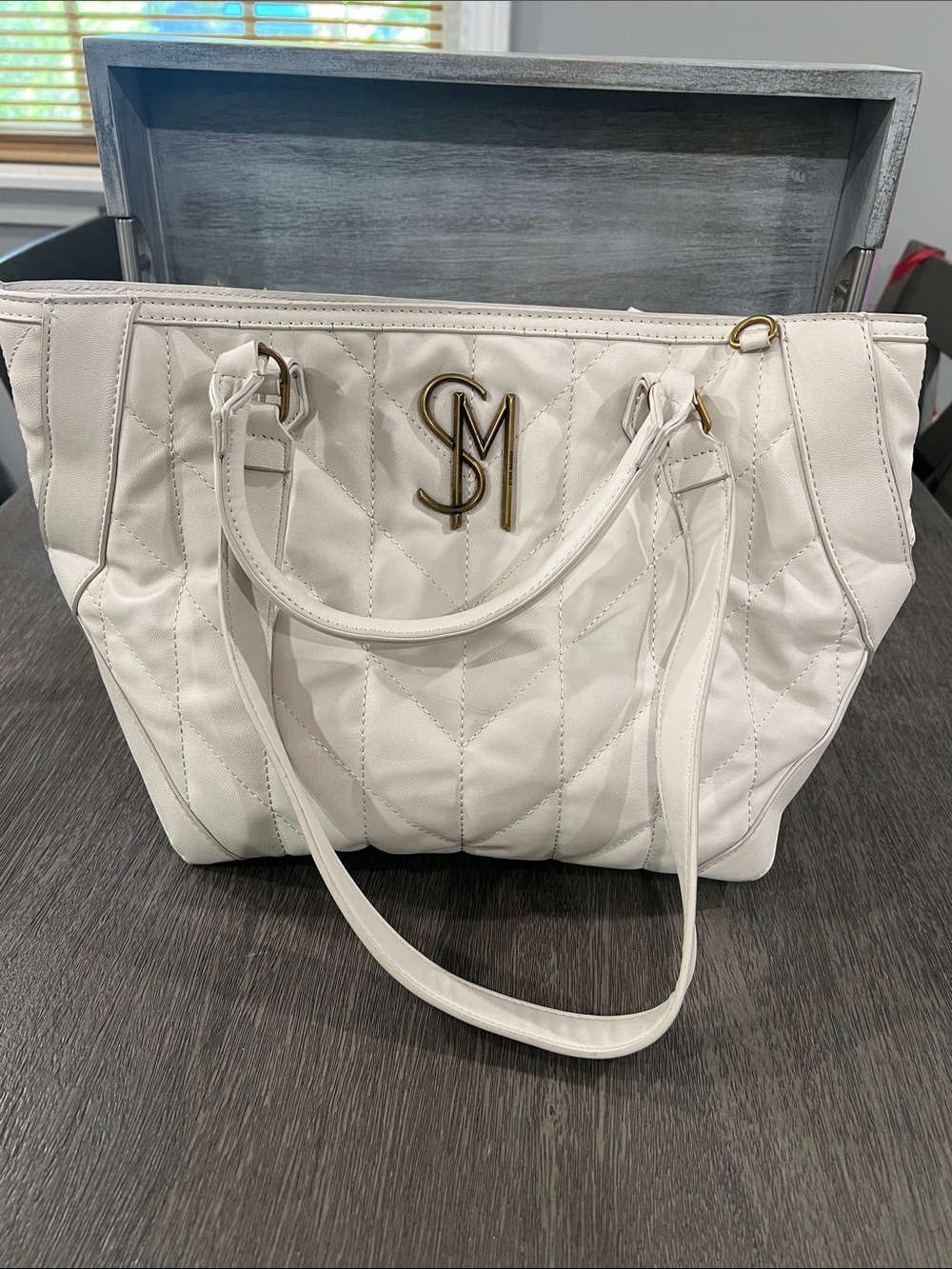 White Quilted Tote Bag with Gold Logo
